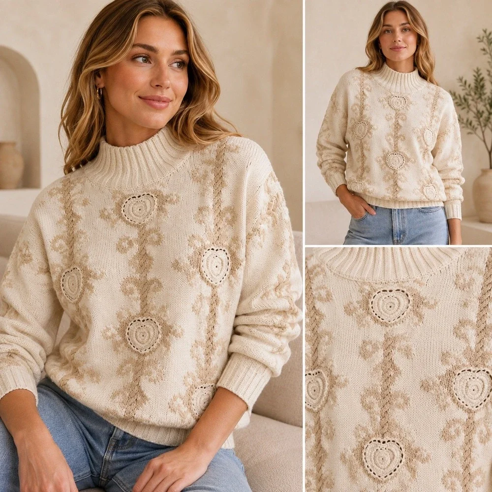 Express Tricot Sweater Womens Large Cream Floral Vintage 90s Hand Knit Mock Neck